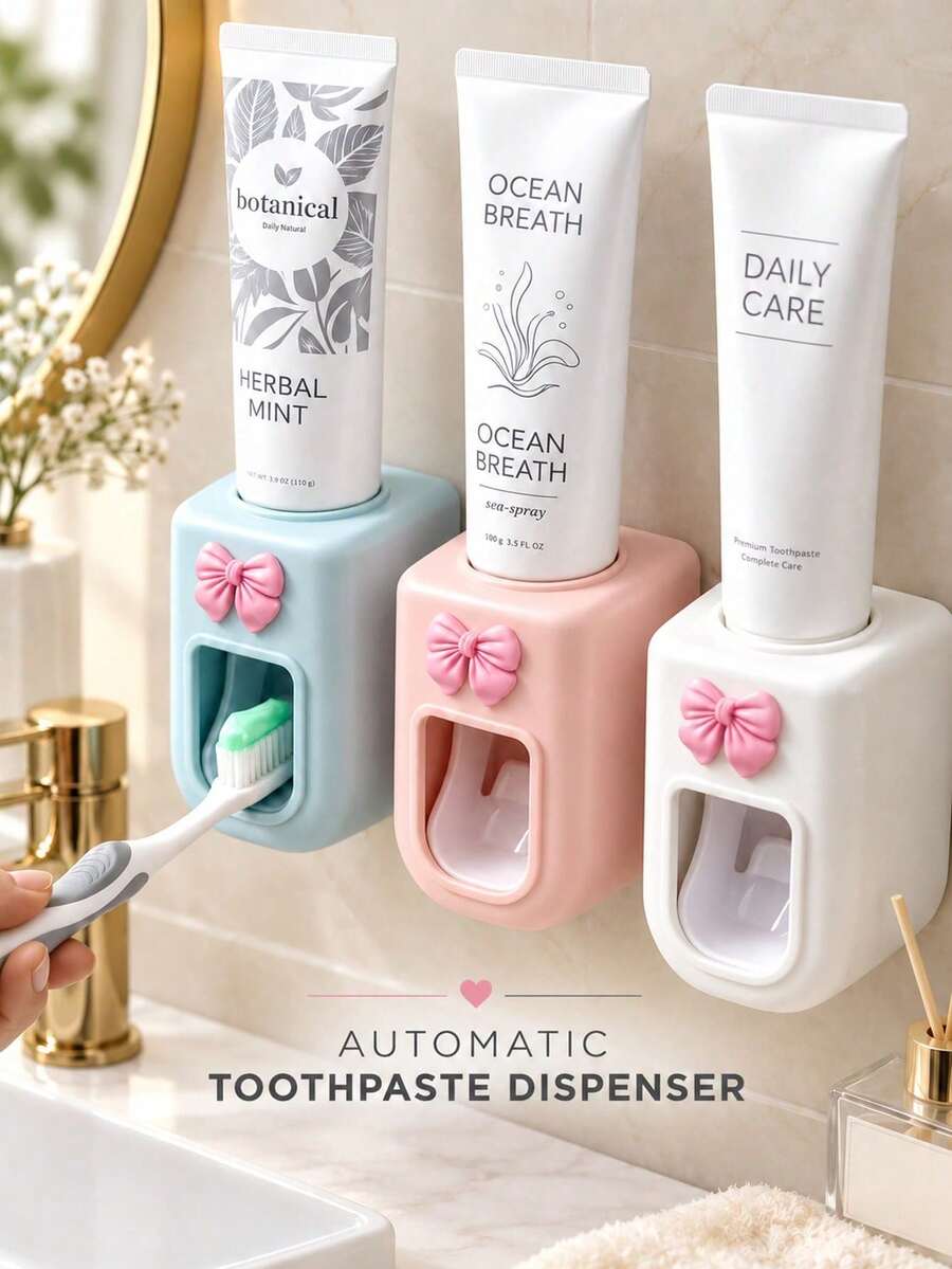 Wall-Mounted Automatic Toothpaste Dispenser, Toothpaste Holder, Dispenser, Toothpaste Storage Rack, Wall-Mounted Automatic Toothpaste Squeezer, Elegant Bow Decor, Suitable For Home, No-Drill Installation, Detachable And Replaceable Toothpaste Tube Holder, Hygienic Operation, Suitable For Bathroom, No Drilling Required, Also Suitable For Commercial Use - Multicolor - View 1