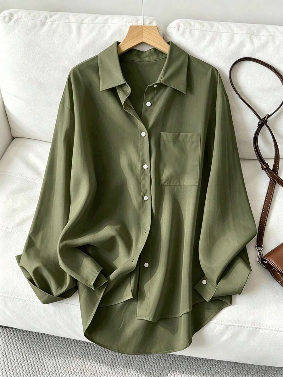Women's Casual Loose Long Sleeve Shirt, Suitable For Work And Commute, Spring/Autumn - Olive Green - View 1