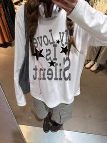 Women's Long Sleeve Crew Neck Star & Letter Print Pure Cotton T-Shirt, Suitable For Street Style And Autumn Daily Wear - White - View 2