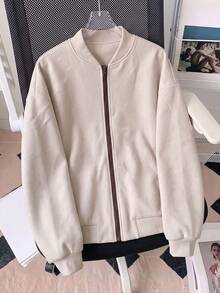 Women's Casual Woven Stand Collar Flight Jacket, Full Zip Design, Long Sleeve, Regular Length, Suitable For Autumn/Winter Wear - Apricot - View 5