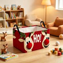 1pc Christmas Cute Red Nose Reindeer Print Storage Basket, Collapsible Laundry Hamper With Handles, Suitable For Clothes Sundries Multi-Functional Storage And Home Decor, Room Decor, Bedroom Decor, Christmas Decor - Red - View 3