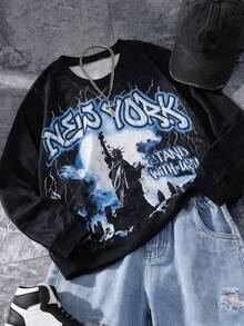 1pc Boys' Street Hip Hop Style Liberty Statue Graphic Crew Neck Long Sleeve Sweatshirt, Spring/Summer - الأسود - مشاهدة 1