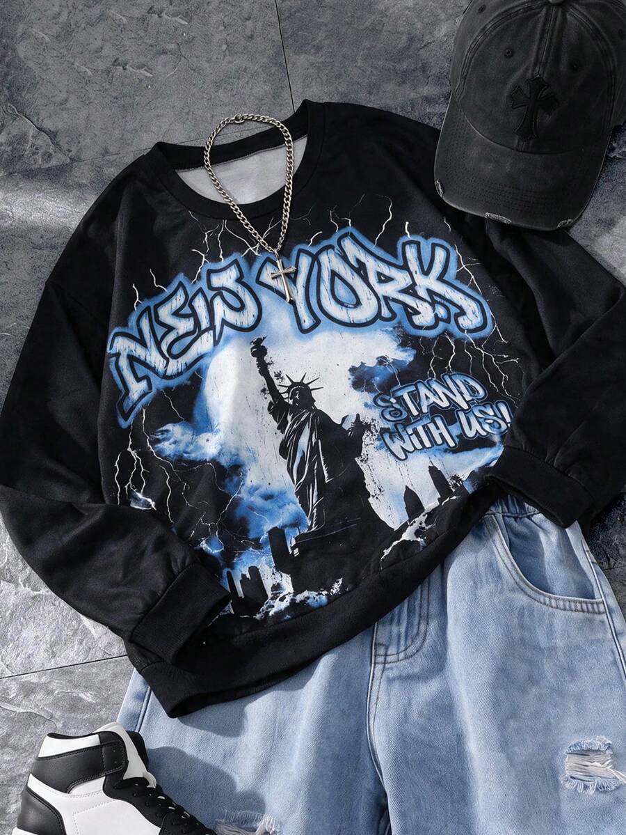 1pc Boys' Street Hip Hop Style Liberty Statue Graphic Crew Neck Long Sleeve Sweatshirt, Spring/Summer - الأسود - مشاهدة 1