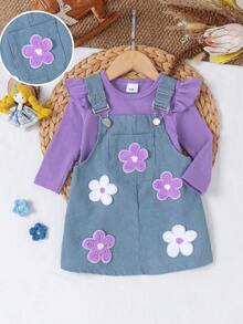 2pcs Baby Girl Cute Forest Style Long Sleeve Ribbed Corduroy Overall Dress Set With 3D Flower, Thin For Spring/Autumn - Purple - View 2