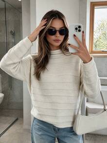 NOVELLE Women's Solid Color Horizontal Stripe Texture Knit Sweater, Autumn Winter Crew Neck Drop Shoulder Loose, For Daily Commute, Shopping, Dating - Beige - View 3