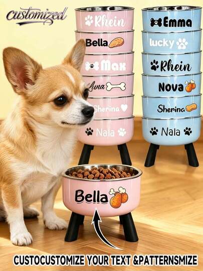 1pc Personalized Raised Pet Bowl, Customized Name & Pattern Stainless Steel Non-Slip Food/Water Bowl, Suitable For Cats And Small Dogs, Elevated Feeding Bowl
