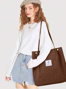 Corduroy Tote Bag, Minimalist Letter Patch Large Capacity Shoulder Bag, Casual Snap Button Shopping Handbag For School Daily Use - Coffee Brown - View 2