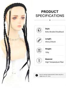 24 Inch Boho Pre Braided Headband For Women Long Hanging Synthetic Braids With Silver Decor Hairpiece For Daily Party Music Festival Halloween - Multicolor - View 6
