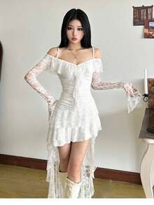 Elegant Solid Color Lace High Waist Ruffle Off-Shoulder Camisole Dress - White - View 1