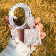 5pcs 2D Flat Design Gold Texture Phone Charger Protector Set, Charger Head Cover + Cable Protector + Storage Rope + Data Cable Protector Spiral Wrap, Compatible With Iphone 20W/18W Charger - Multicolor - View 4