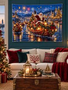 1PC Santa Christmas Lantern Harbor Festival Horizontal Wall Tapestry, Gift Boat Snowy Village Holiday Backdrop, Faux Ultra-Soft Polyester Single-Sided Print, White Overlock Edge, Multiple Sizes - Multicolor - View 10