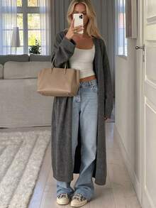 Just Masa Women's V-Neck Oversized Long Cardigan,Long Sleeve Minimalist Casual Elegant Basic Knit Sweater Jacket For Fall Winter Outfit,Daily Wear - Dark Grey - View 1
