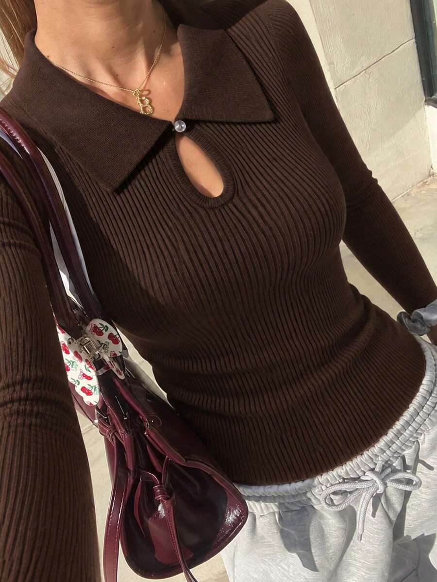 Women's Polo Collar Hollow Metal Decor Ribbed Knit Top, Long Sleeve Slim Fit Pullover Elegant Sweater For Autumn - Brown - View 1