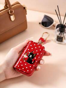 Cute Polka‑Dot Black Cat Print Car Key Case,Glossy PU Leather Zipper Key Holder Pouch With Hook,Portable Mini Key Wallet,Organizer Bag, Gift For Girls - Multicolor - View 5