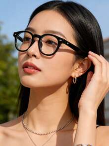 1對女款塑膠框鉚釘方框大號無度數眼鏡，街頭風透明清透鏡片眼鏡 - 黑色 - 查看 4