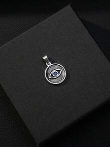 American Retro Stainless Steel Necklace, Round Tag With Color Stone Eye Embossed Pendant For Men Daily Street Outfit - Silver - View 5