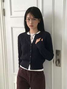 Áo cardigan ngắn nữ màu đen dệt vặn thừng, tay dài, trang trí cúc, vải co giãn cao, phong cách thời trang mùa đông thường ngày - màu đen - Xem 2