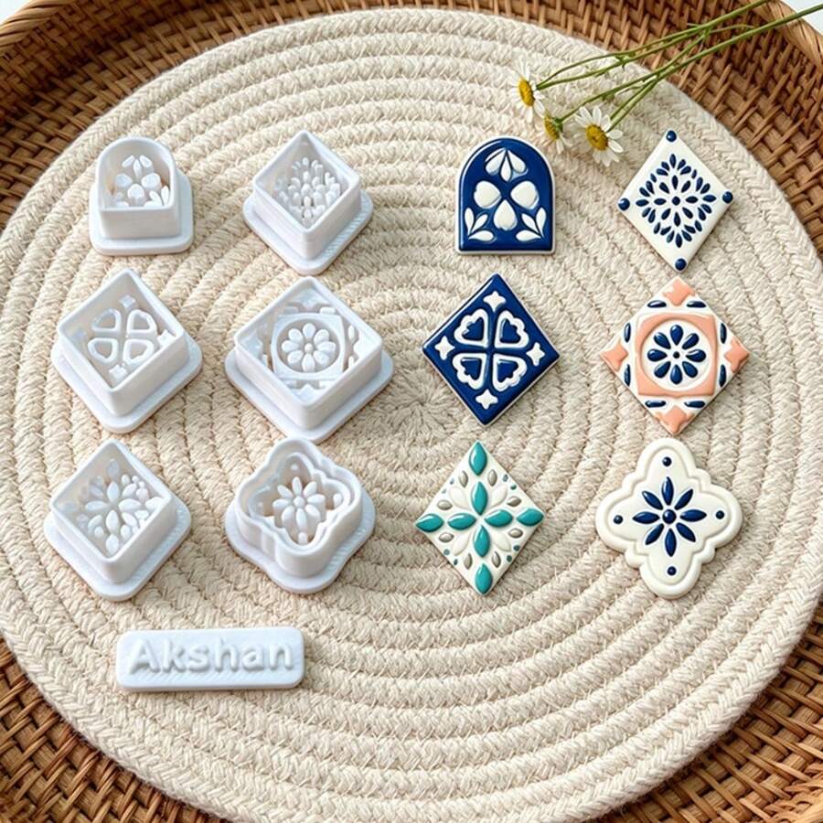7pcs Retro Floral Tile Clay Cutting Molds, Geometric Flower Embossing Cutters, Polymer Clay Tools For Handmade Earring Pendant Ornament Making - 7pcs - View 1