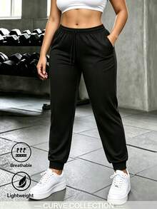 Women's Ice Silk Breathable Sports Pants, High Elasticity Drawstring Joggers, Breathable And Comfortable, Suitable For All Seasons, Plus Size - Black - View 3