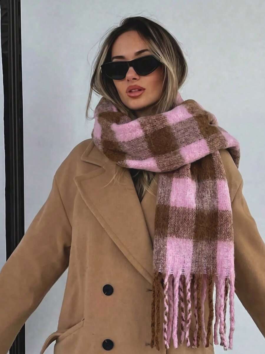 Women's Blue & Brown Plaid Tassel Scarf, Soft Thick Faux Cashmere Large Plaid Tassel Shawl Scarf, Oversized Warm Autumn/Winter Scarf - Dusty Rose Brown - View 1