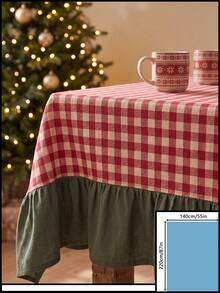 1pc Red And White Plaid Patchwork Green Hem Tablecloth, Country Pastoral Style Fabric Material, Rectangular Red And White Plaid Tabletop With Green Ruffle Edge Hem Patchwork Decoration, Beautify And Protect Tabletop Function, Holiday Dining Tablecloth Suitable For Christmas And Winter Holiday Home Decor Scenes - Green - View 15
