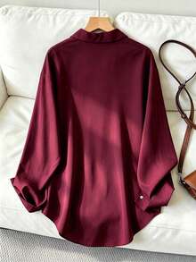 Women's Casual Loose Long Sleeve Shirt, Spring/Autumn - Burgundy - View 3