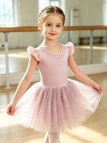 Young Girl Deep Pink Cap Sleeve Metallic Silver Sequin Mesh Splice Holiday Ballet Dance Sportswear - Pink - View 3