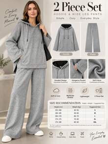 Women's Autumn/Winter Slouchy Mixed Color Hooded Top & Straight Leg Sweatpants Minimalist Casual 2-Piece Set - Grey - View 6