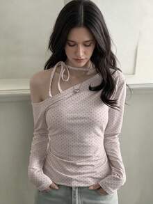 SCARLUX Fall Y2K Women Polka Dot Off Shoulder Top, Pink Long Sleeve Slim Top For Back To School Street Wear Casual - Pink - View 10