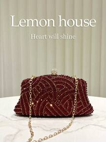 1pc Burgundy Shiny Elegant Crystal Decor Clutch Bag, Metal Chain Shoulder Strap, Fashion Formal Evening Bag, Suitable For Gala, Wedding, Party, Gift For Women - Burgundy - View 3
