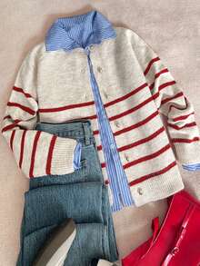 Third Introversion-Women's Knitted Striped Contrast Color Long Sleeve Cardigan Sweater, Medium Stretch Regular Fit Round Neck Knit Top, Suitable For Autumn/Winter Wear - Multicolor - View 6