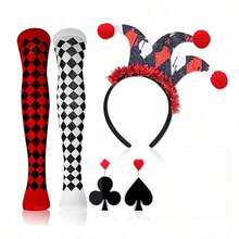 5pcs Halloween Poker Clown Accessory Set Red & Black Plaid Long Socks Clown Pointed Headband Playing Cards - Multicolor - View 4