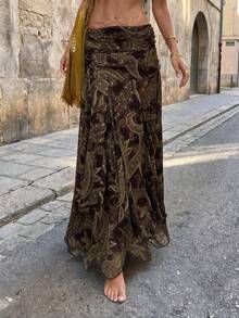 Vintage Cashew Flower Print Mesh Sheer Low Waist Draped Asymmetrical Hem Skirt Summer Brown, Boho Chic - Brown - View 1