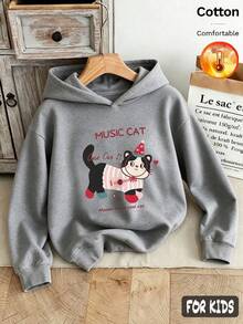 Autumn/Winter 3 Pieces Set Girls' Fleece Hooded Sweatshirt Strawberry Cat Print Letter Decoration Grey Long Sleeve Soft Y2K Style - Heather Gray+Heather Gray+Heather Gray - View 4