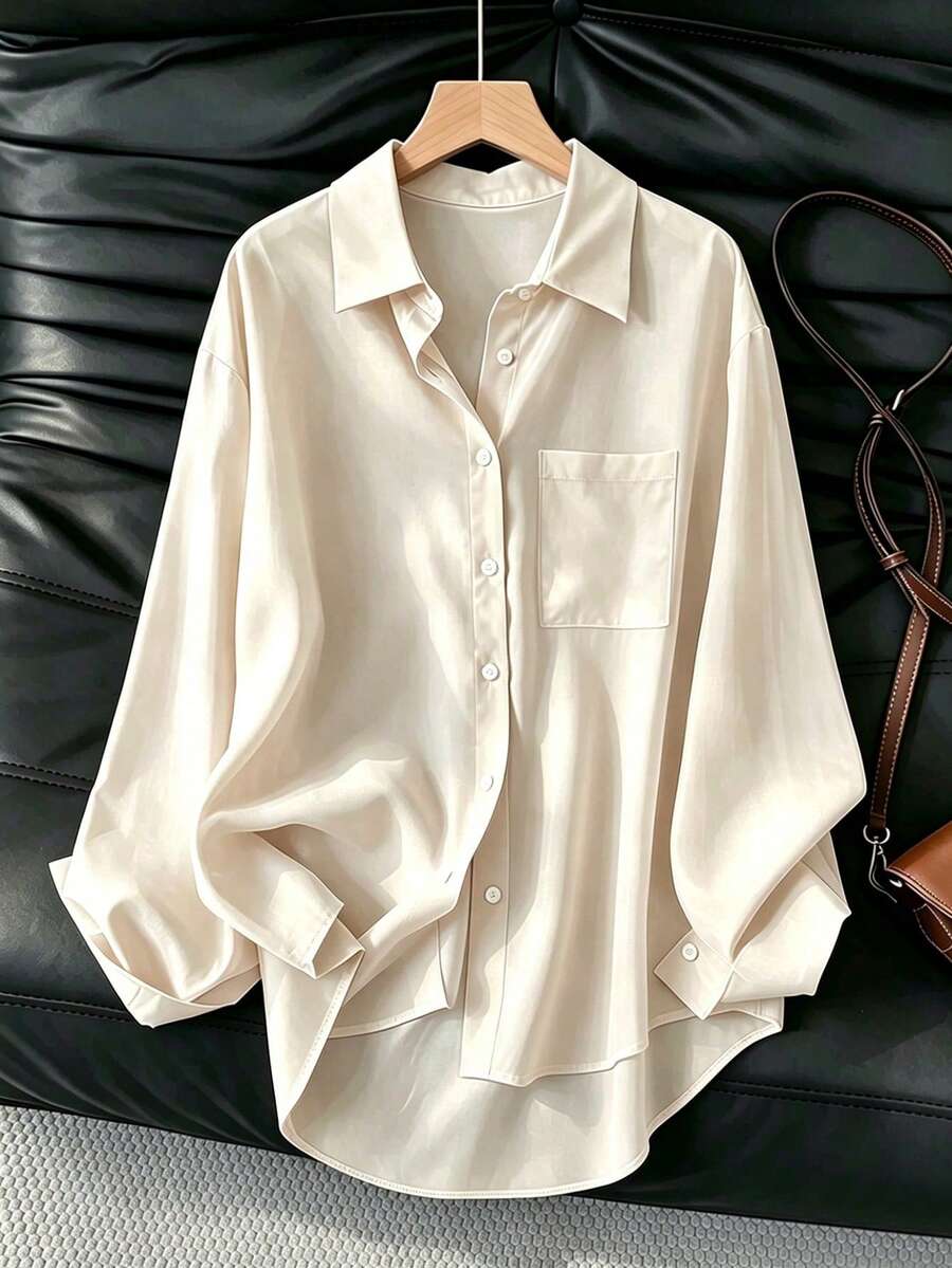 Women's Casual Loose Long Sleeve Shirt, Spring/Autumn - Apricot - View 1
