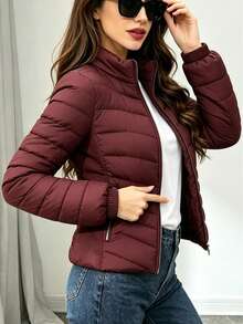 Chaqueta acolchada de corte favorecedor, prenda básica versátil que combina con todo, perfecta para looks diarios y de entretiempo - Burdeos - Ver 3