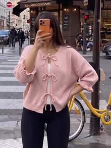 Autumn New Women's Front Bowknot Ruffle Bell Sleeve Drop Shoulder Loose Pink Cardigan, Halloween Costume, Women's Elegant Cardigan, Sweet Style Outerwear Top, Holiday Outfit, Concert Outfit, Birthday Outfit, Women's Concert Outfit - Pink - View 3