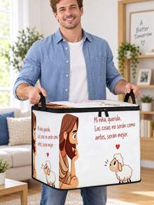 Cute Religious Sheep Heart Print Storage Bag, Jesus Sheep Letter Print Large Capacity Home Storage Box With Lid Storage Bin - Multicolor - View 2