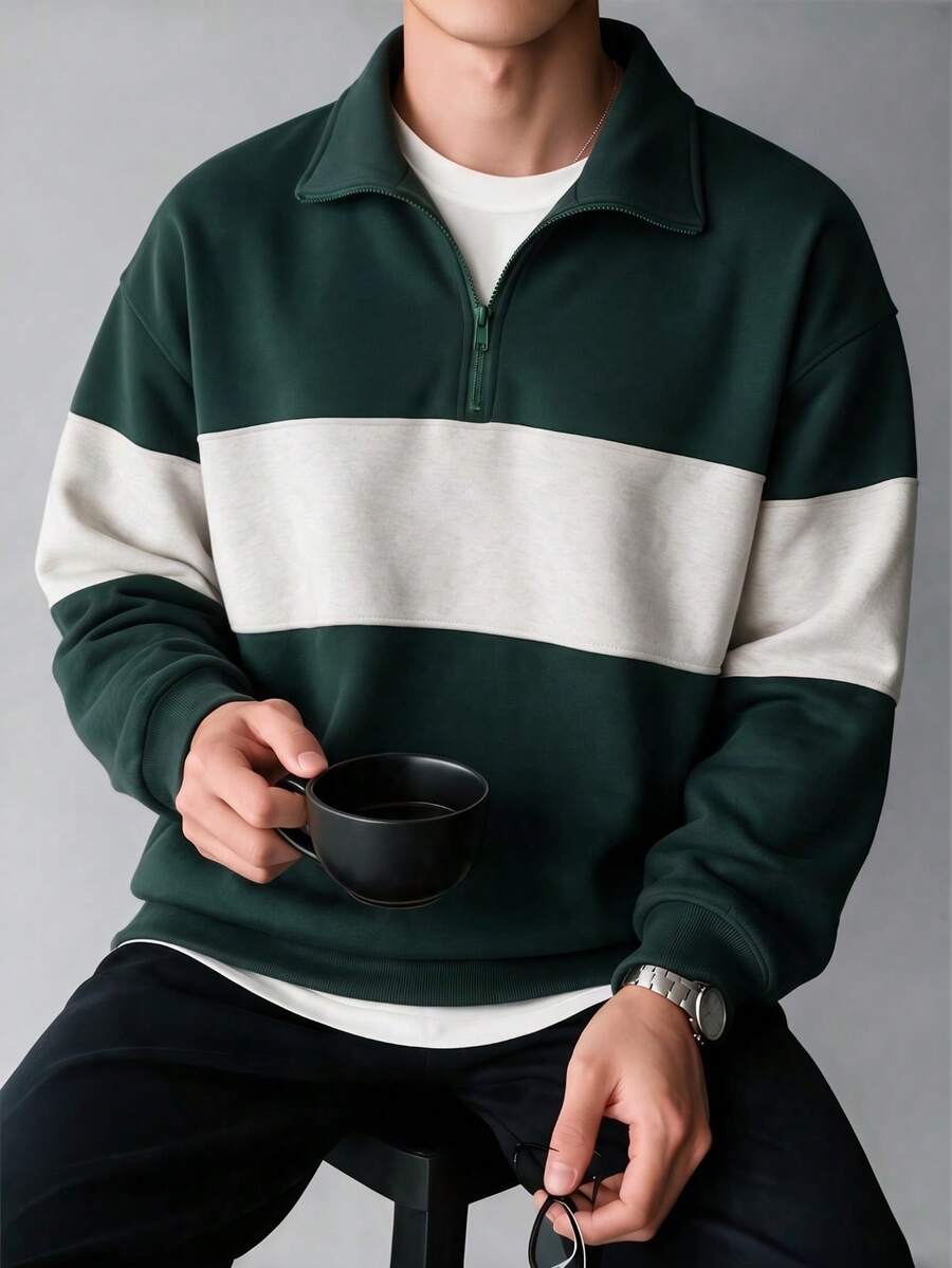 Men's Black & White Contrast Horizontal Striped 1/4 Zip Stand Collar Sweatshirt, Retro Collegiate Style Loose Fit Pullover