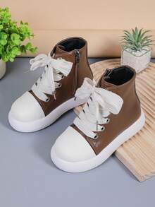 1 Pair Children's Minimalist Patchwork Round Toe High-Top Leather Boots With Unique Thick Shoelace Design, Suitable For Weekend Outings, Light Outdoor Styling, School And Commuting - Brown - View 6
