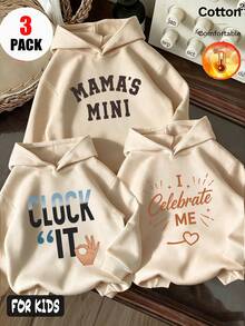 مجموعة 3 قطع خريف/شتاء للبنات، سترة هوديي مبطنة بالصوف مع طباعة "MAMA MINI" و "CLOSER" و "I Celebrate ME" بأسلوب Y2K - لون المشمش + لون المشمش + لون المشمش - مشاهدة 1