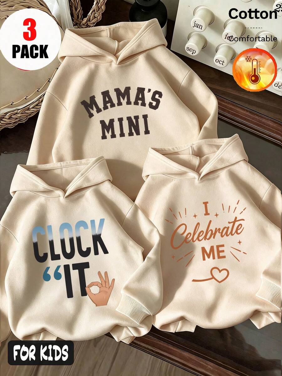 مجموعة 3 قطع خريف/شتاء للبنات، سترة هوديي مبطنة بالصوف مع طباعة "MAMA MINI" و "CLOSER" و "I Celebrate ME" بأسلوب Y2K - لون المشمش + لون المشمش + لون المشمش - مشاهدة 1