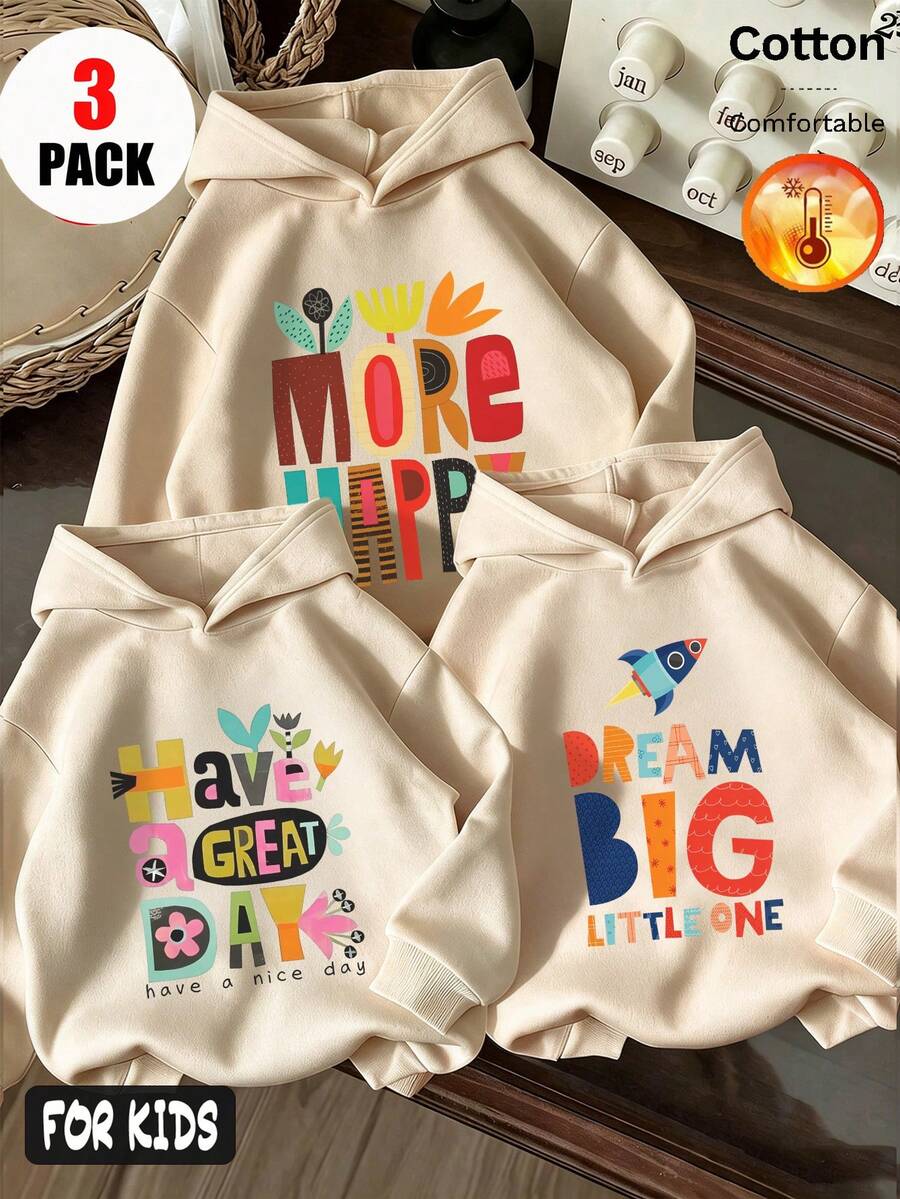 Autumn/Winter 3 Pieces Set Girls Thermal Lined Hooded Sweatshirt Colorful Letter & Graphic Print Long Sleeve Soft Y2K Style - Apricot + Apricot + Apricot - View 1