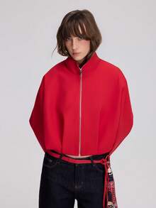 Women's Autumn/Winter Long Sleeve Stand Collar Zipper Flight Jacket - Red - View 8