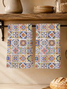 2pcs Bohemian Style Watercolor Vibrant Geometric Floral Print Kitchen Towels, 15.75*23.62in(40*60cm) Super Soft Absorbent Microfiber Dish Cloths, Modern Kitchen Decor, Cooking Baking Cleaning Rags, Suitable For Dining Room, Kitchen, Daily Decoration And Gifts, All Seasons - Multicolor - View 1