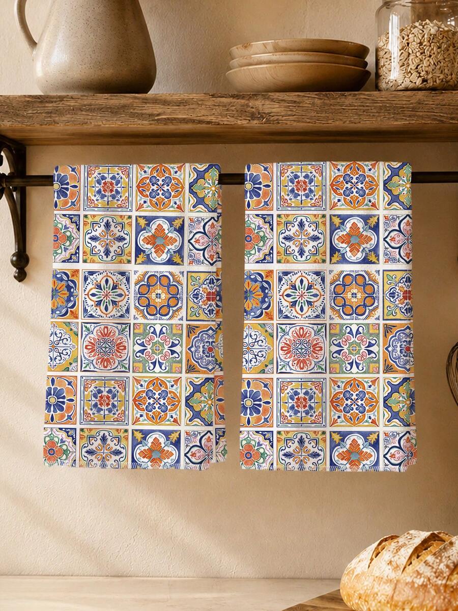 2pcs Bohemian Style Watercolor Vibrant Geometric Floral Print Kitchen Towels, 15.75*23.62in(40*60cm) Super Soft Absorbent Microfiber Dish Cloths, Modern Kitchen Decor, Cooking Baking Cleaning Rags, Suitable For Dining Room, Kitchen, Daily Decoration And Gifts, All Seasons - Multicolor - View 1