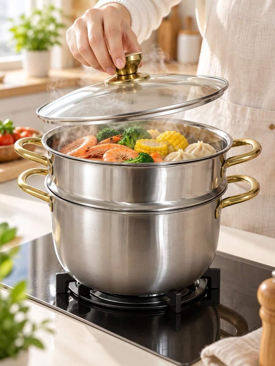 Panci Kukus Stainless Steel dengan Pegangan Ganda, Panci Kukus dan Masak Tebal dengan Tutup Kaca, Panci Sup Kapasitas Besar untuk Penggunaan di Rumah, Kompatibel dengan Kompor Gas dan Induksi, Peralatan Masak untuk Pesta Natal dan Halloween di Rumah - View 1