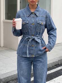 Women's Vintage Cinched Waist Waist Turn-Down Collar Denim Jacket, Casual Washed Denim Outerwear, Autumn Top - Medium Wash - View 7