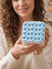 Blue Evil Eye Travel Jewelry Case Portable Small PU Leather Jewelry Box Organizer Storage For Rings Earrings Necklaces Bracelets Gifts For Women - White - View 10