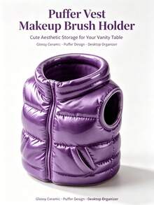 Christmas 1PC Puff Vest Shaped Makeup Brush Holder, Cute Ceramic Cosmetic Storage Box, Highly Attractive Desktop Storage Cup, Vanity Decor Ornament - Multicolor - View 8